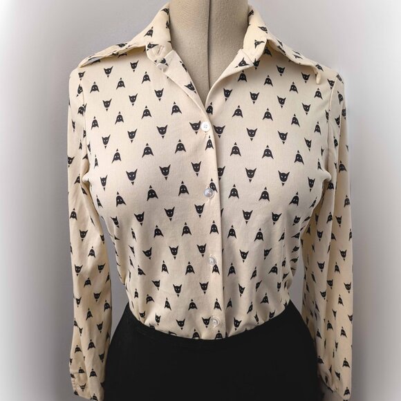 vintage cream 70s disco secretary blouse with black cat print - Picture 3 of 7